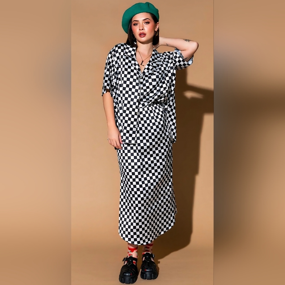 LALA Original Take Risks Checkerboard Satin Matching Skirt Set Size Small